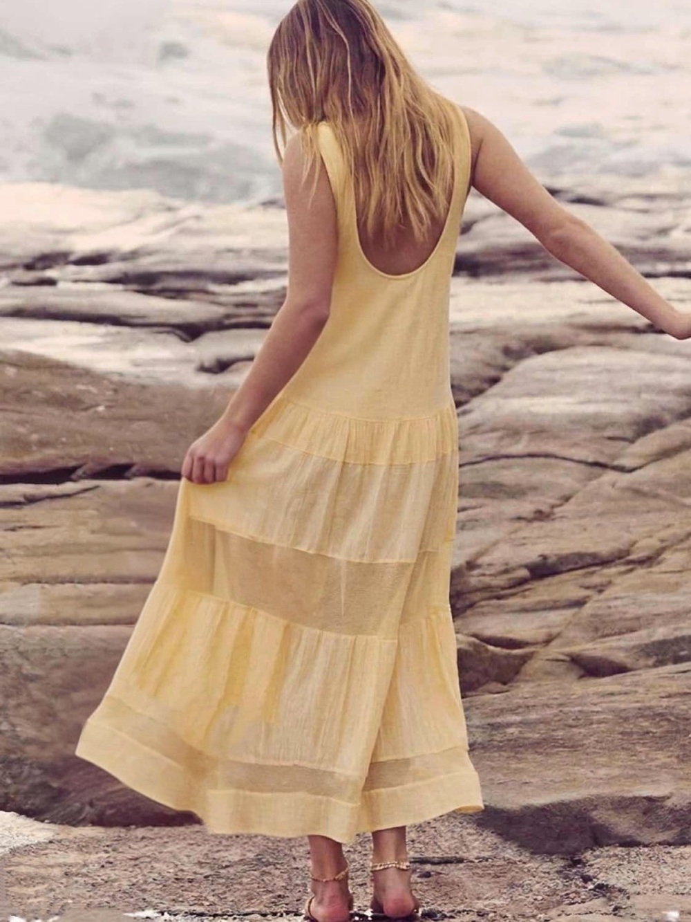 Free People Size Small Meet Me At The  Sunset MIdii Soft Yellow Sleeveless